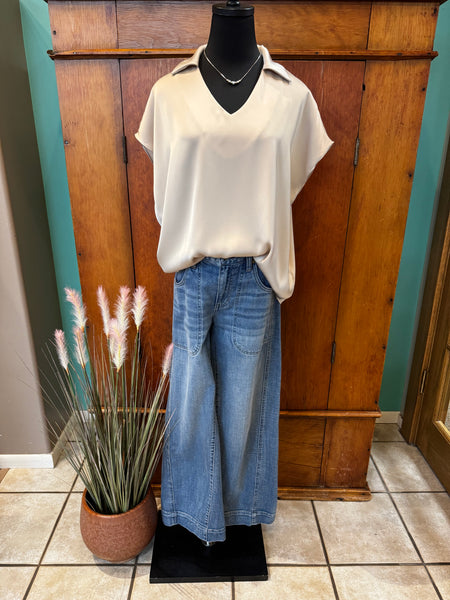 Satin Collar V-Neck Blouse