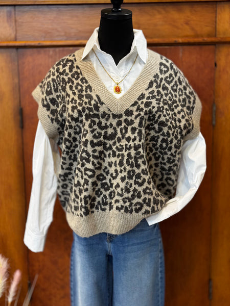 Leopard Print V-Neck Sweater Vest