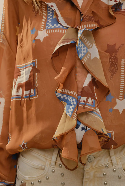 Blue B Ruffle Western Print Top