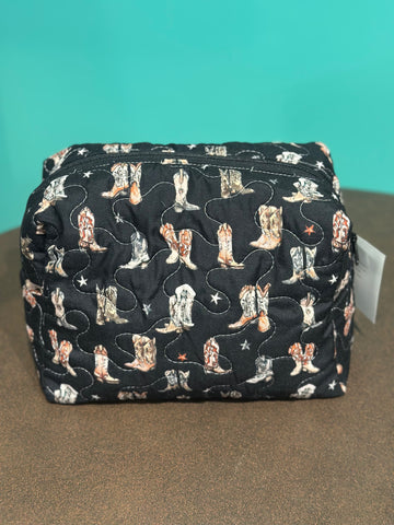 Ida Mae Thunderbird Boots Black Neutral Quilted Large Cosmetic Bag