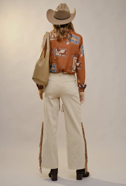 Blue B Ruffle Western Print Top