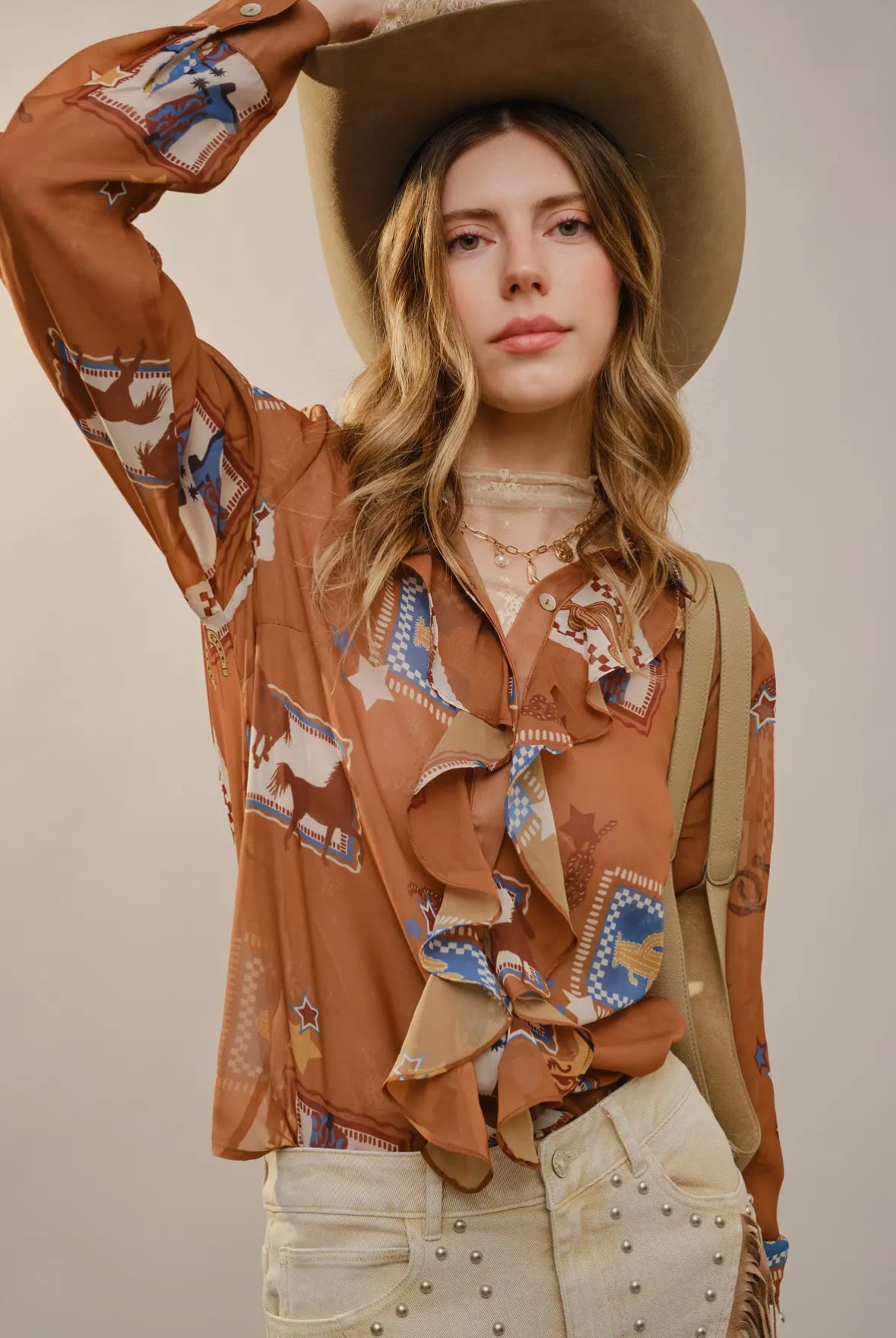 Blue B Ruffle Western Print Top