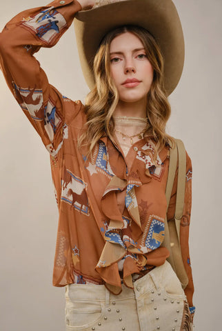 Blue B Ruffle Western Print Top