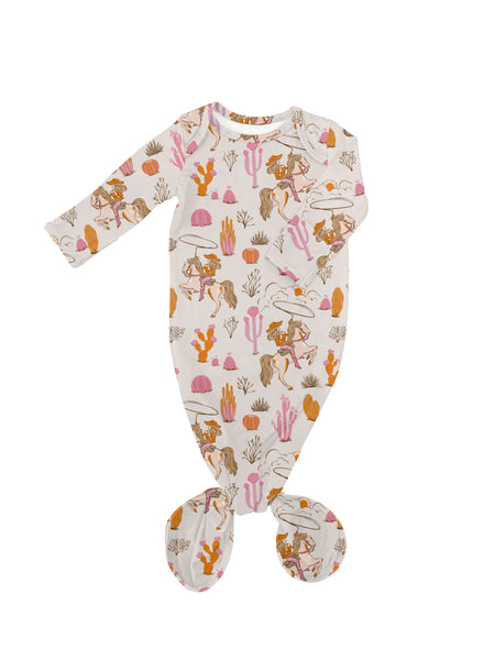 Knotted Infant Gown in Saddle Up, Cowgirl Toile