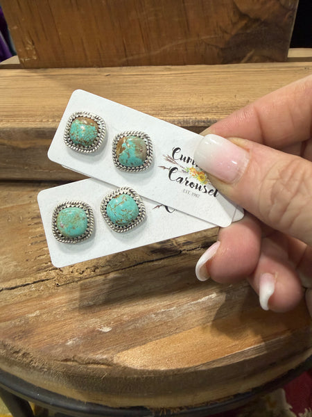 4 Rounded Corner #8 Turquoise Post Earrings