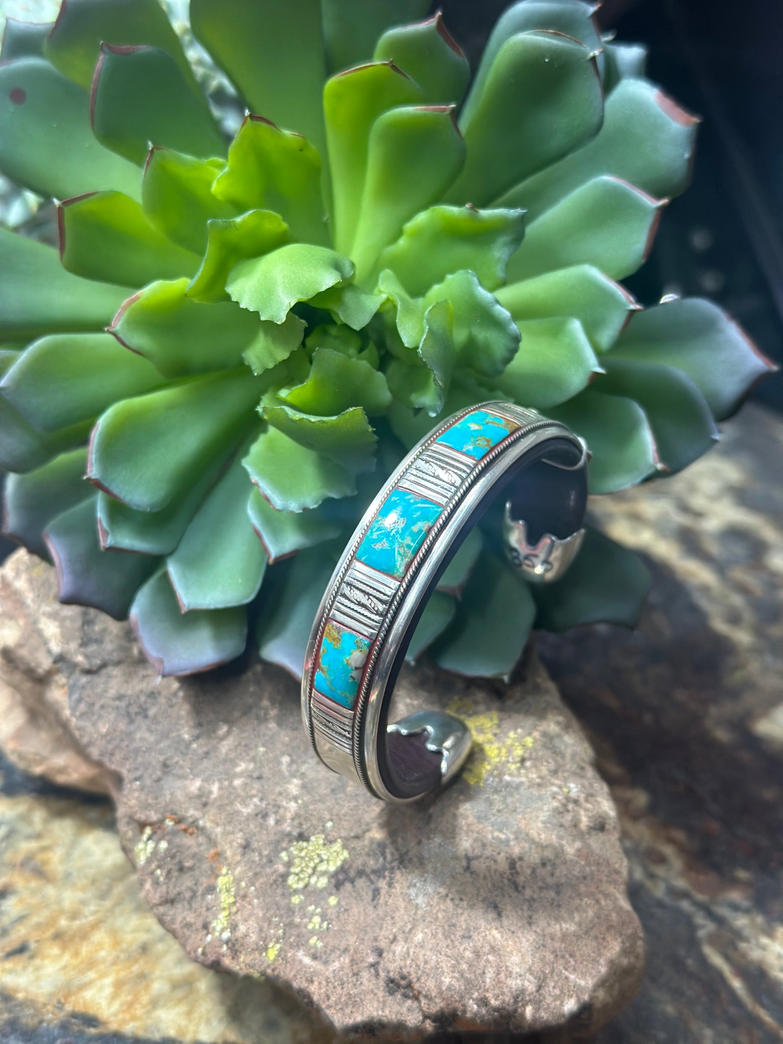 Inlay Turquoise with Sterling Silver Leather Cuff