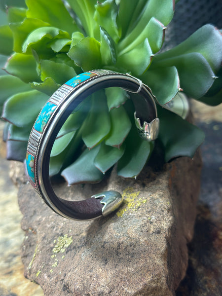 Inlay Turquoise with Sterling Silver Leather Cuff