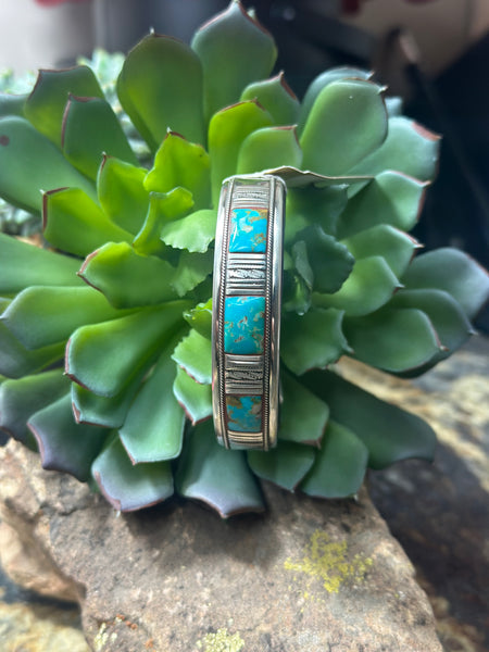 Inlay Turquoise with Sterling Silver Leather Cuff