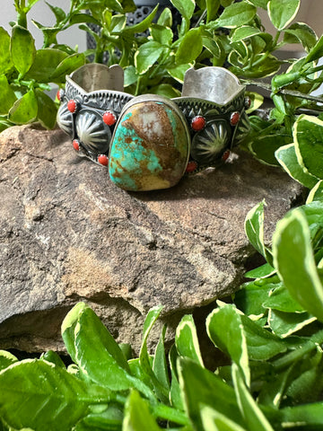 ALZ Berry Turquoise Natural Coral Cuff Bracelet