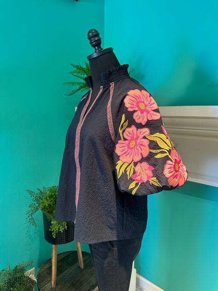 Embroidered Puff Sleeve Top