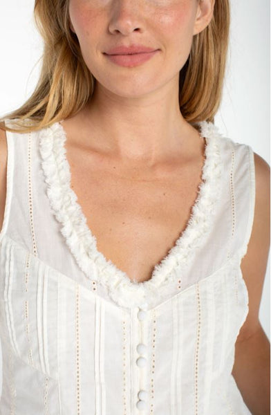 Sleeveless Pintucked Woven Top with Ruffles
