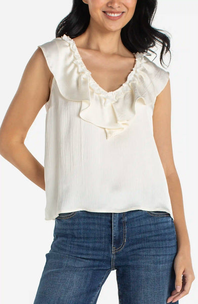 Liverpool Ruffle Front Sleeveless Woven Top