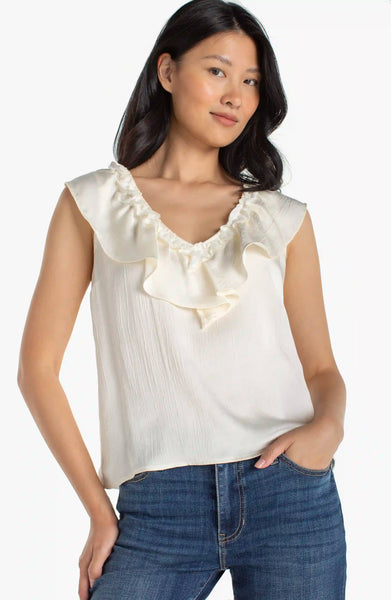 Liverpool Ruffle Front Sleeveless Woven Top