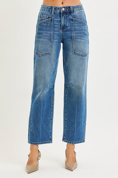 Risen Patch Pocket Mid Rise Barrel Jean