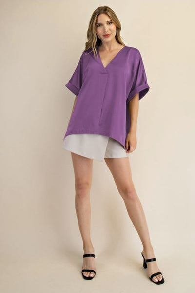 V-Neck High Low Satin Blouse