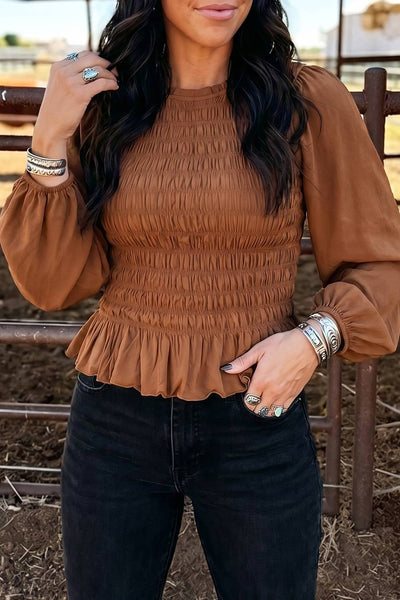 Smocked Ruffle Hem Long Sleeve Blouse
