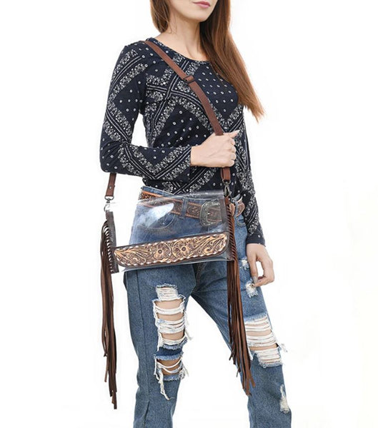 Clear Fringe Crossbody with Tooled Leather Trim