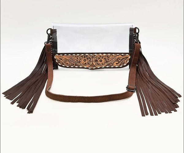 Clear Fringe Crossbody with Tooled Leather Trim