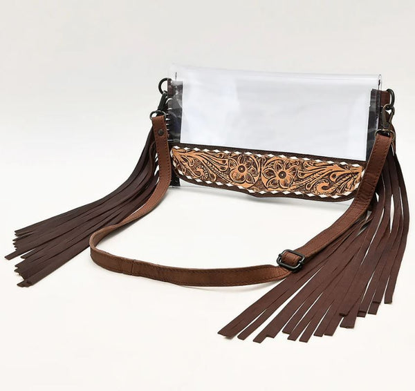 Clear Fringe Crossbody with Tooled Leather Trim