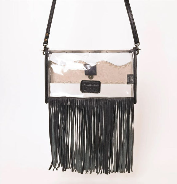 Hand-Tooled Leather Clear Western Crossbody Bag with Fringe