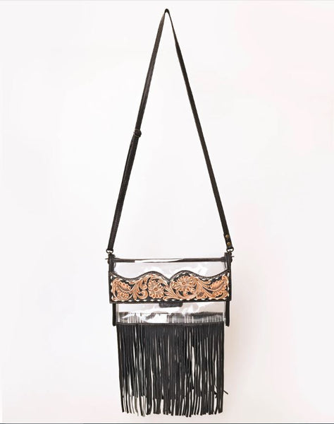 Hand-Tooled Leather Clear Western Crossbody Bag with Fringe