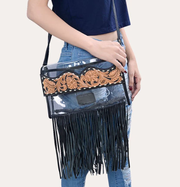 Hand-Tooled Leather Clear Western Crossbody Bag with Fringe