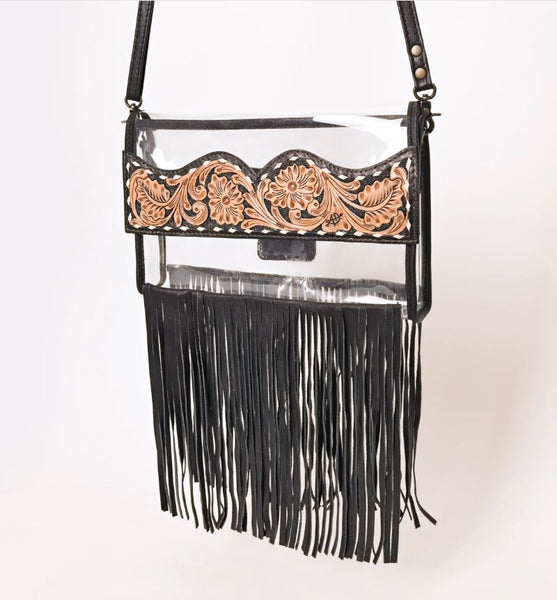 Hand-Tooled Leather Clear Western Crossbody Bag with Fringe