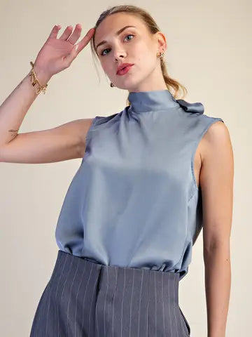 High Mock Neck Sleeveless Flowy Back Tie Too