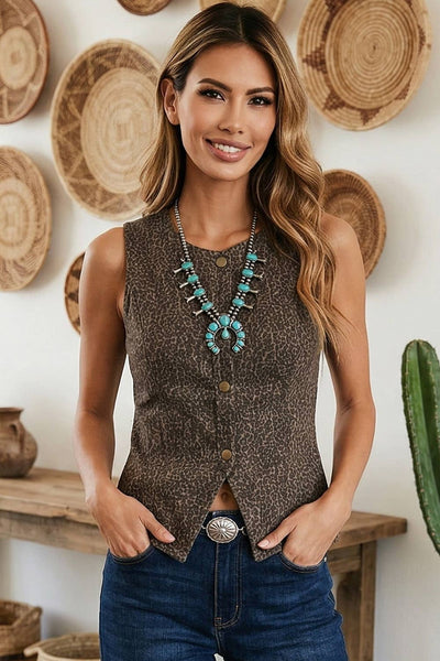 Leopard Slim Denim Vest