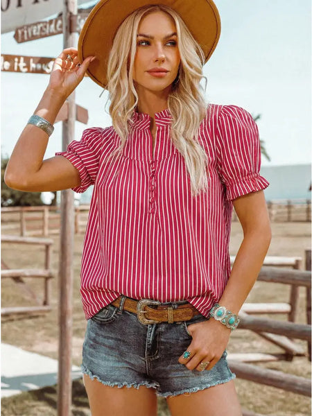Striped Ruffle Trim Short Sleeve Top