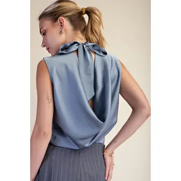High Mock Neck Sleeveless Flowy Back Tie Too