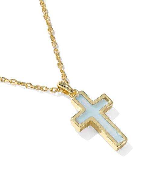 Kendra Scott Cross Pendant Necklace in Gold & Matte Light Blue Dichroic Glass