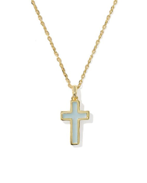 Kendra Scott Cross Pendant Necklace in Gold & Matte Light Blue Dichroic Glass