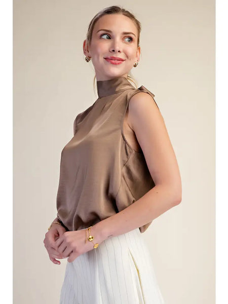High Mock Neck Sleeveless Flowy Back Tie Too