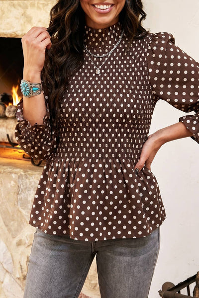 Polka Dot High Neck Shirred Blouse
