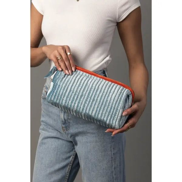 Velvet Ribbed Travel Pouch in Light Blue & Orange