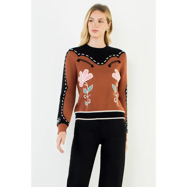Flower Print Western Yoke Sweater