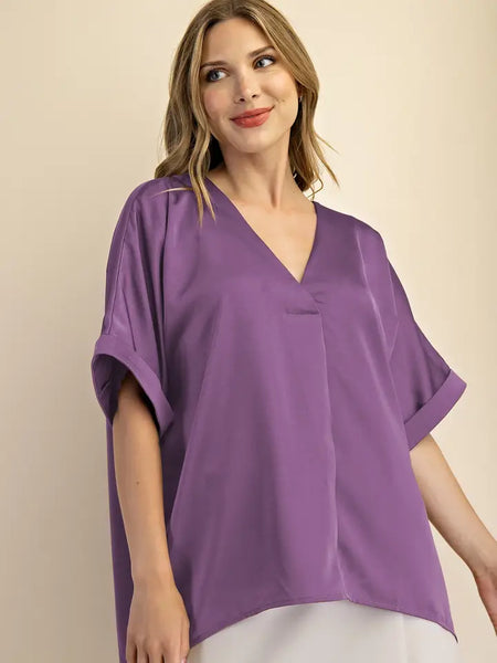 V-Neck High Low Satin Blouse