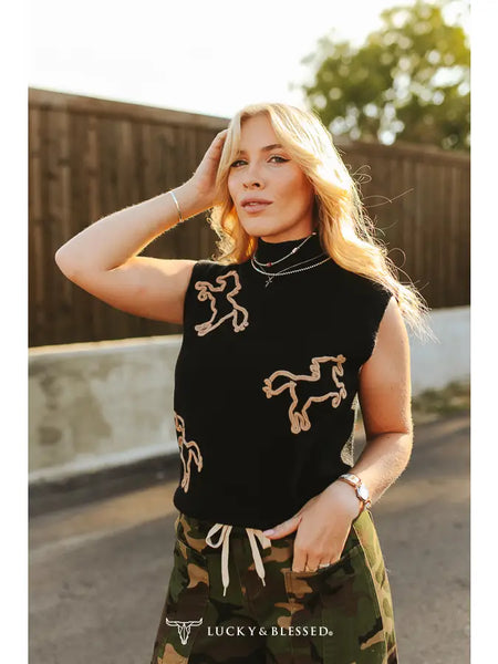 Horse Knit Contrast Sleeveless Sweater Vest