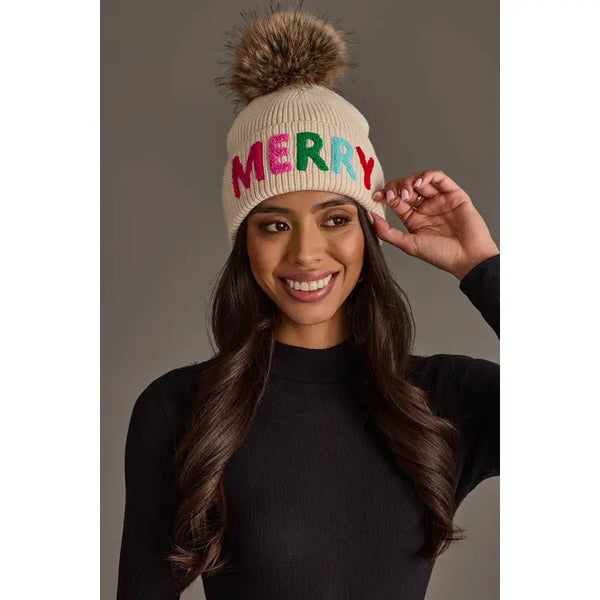 Merry Pom Knit Hat in Cream
