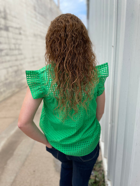 Ruffle Sleeve Grid  Babydoll Top in Green