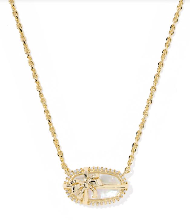 Kendra Scott Elisa Bow Short Pendant Necklace in Gold Iridescent Crystal Ivory Illusion