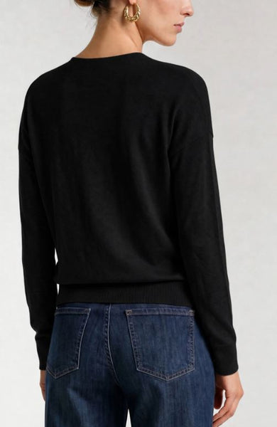 Draped Neck Mixed Media Sweater in Black