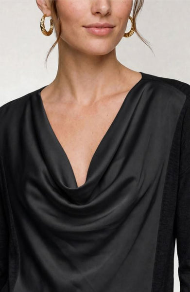 Draped Neck Mixed Media Sweater in Black