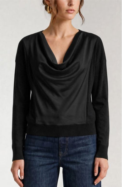Draped Neck Mixed Media Sweater in Black