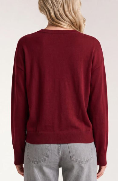 Draped Neck Mixed Media Sweater in Cranberry