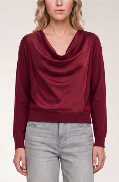 Draped Neck Mixed Media Sweater in Cranberry