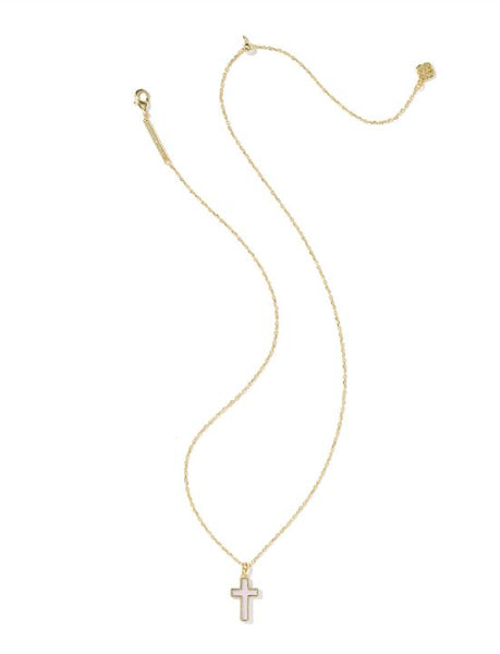 Kendra Scott Cross Pendant Necklace in Gold & Matte Blush Pink Dichroic Glass