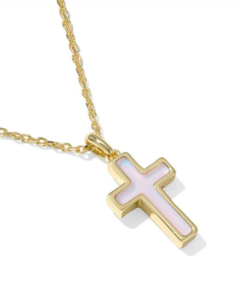 Kendra Scott Cross Pendant Necklace in Gold & Matte Blush Pink Dichroic Glass