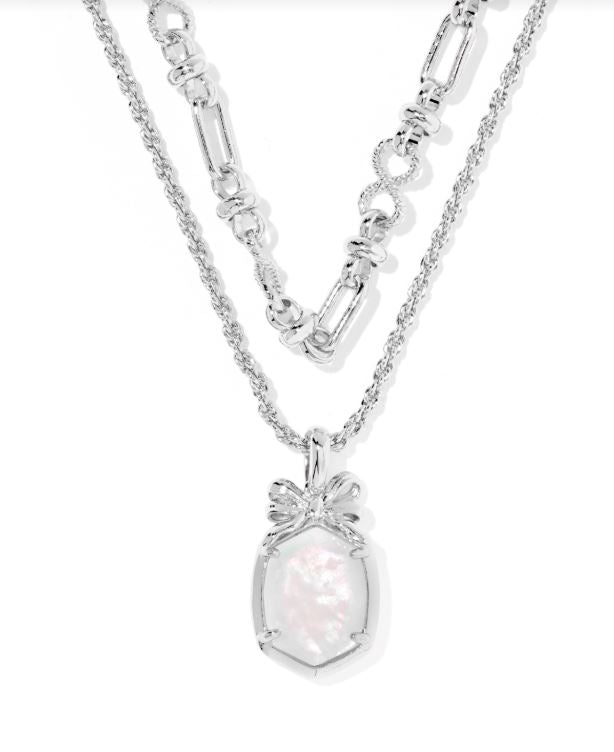 Kendra Scott Daphne Bow Multi Strand Necklace in Silver Iridescent Crystal Ivory Illusion